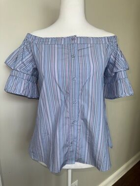Parker Light Blue Striped Off-Shoulder Ruffle Sleeve Top